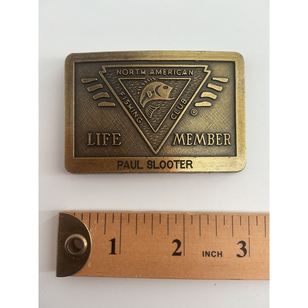 North American Fishing Club NAFC Life Member Brass Belt Buckle Paul Slooter